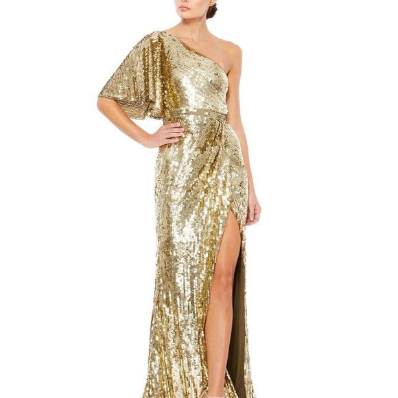 Mac Duggal 93540 Bell Trumpet Sleeve‎ One Shoulder Gold Sequin Column Gown 0 - Picture 1 of 6